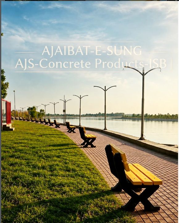 Row of garden benches installed along a paved lakeside walkway