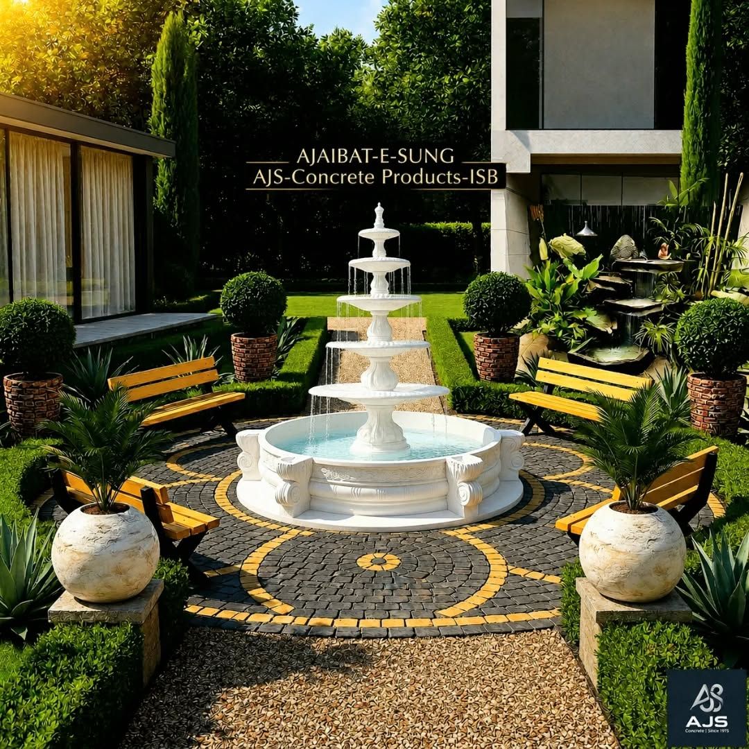 Tiered concrete fountain, benches and planters in a landscaped garden by AJS Décor